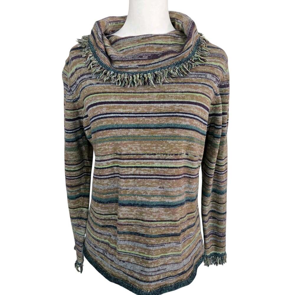 Fringed Cowl Neck Wool Blend Slow Fashion Cozy Striped Sweater J.Jill Sz M